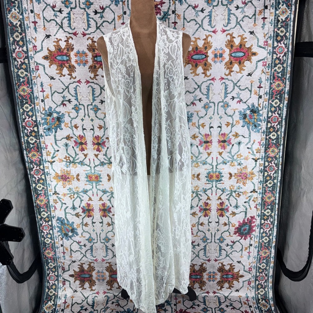 LulaRoe Joy White Floral Lace Longline Duster Vest Womens Large Sleeveless USA